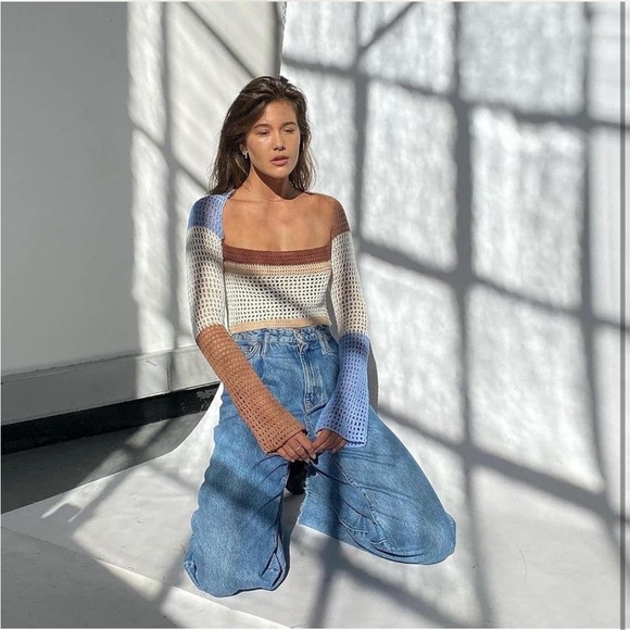 Y2K Crochet Long Sleeve Color Block Square Neck Top - Picture 6 of 11